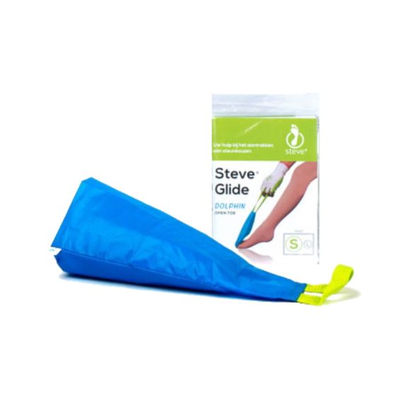 steunkousen hulpmiddel Steve Glide Dolphin van blauwe stof met een groene lus als handvat naast de verpakking met full colour foto erop