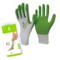 Steve grip-handschoenen met groene latexvrije handpalm voor het aantrekken van compressiekousen naast de verpakking
